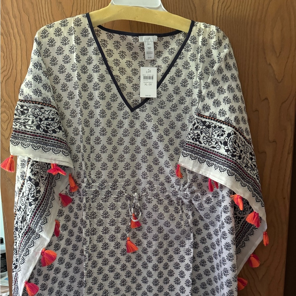 NWT J.Jill swimsuit cover up navy with orange and magenta tassels XL-3XL